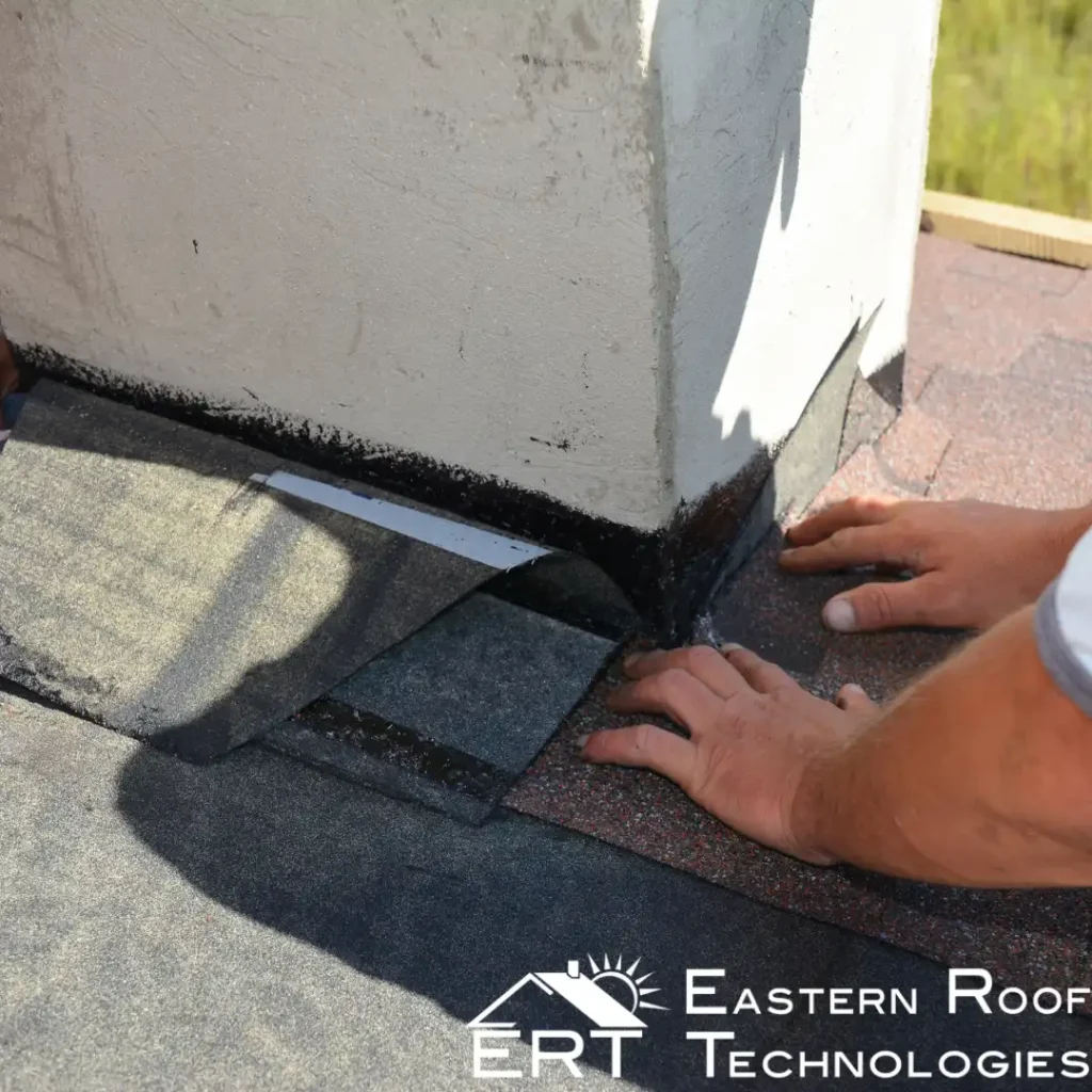 The importance of regular roof inspections in North Carolina, shown by a roofer repairing a piece of shingle alongside a chimney