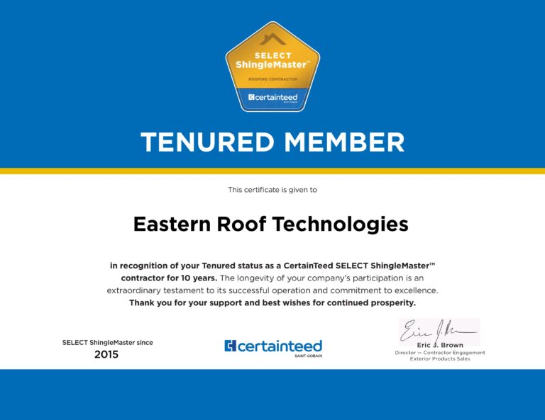 Eastern Roof Technologies Achieves CertainTeed Tenured SELECT ShingleMaster™ in 2025