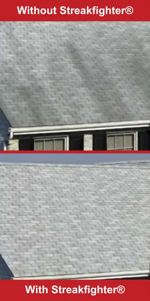 Side-by-side comparison of a shingle roof with and without StreakFighter® technology, showing dark algae streaks on the untreated roof and a clean, streak-free surface on the treated roof.