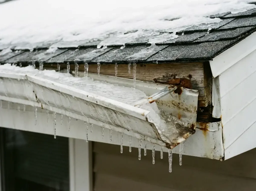 Old rusty gutters pulling away from roof