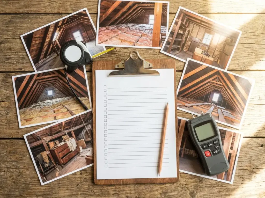 checklist with moisture monitor and photos of an attic.