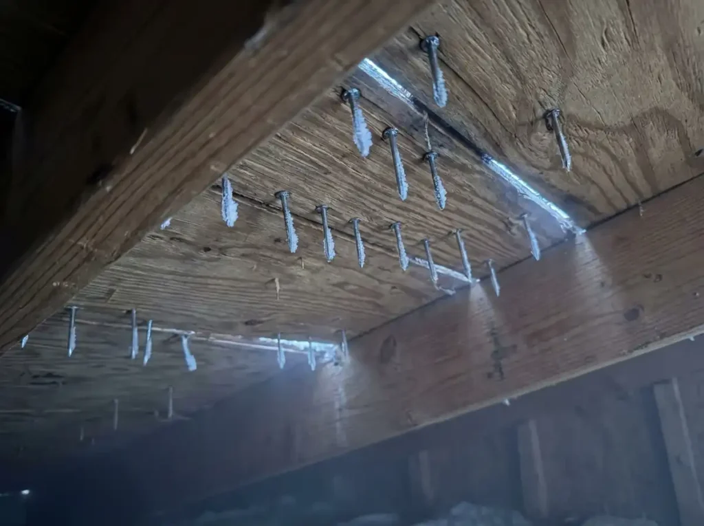 frosted nails sticking through roof